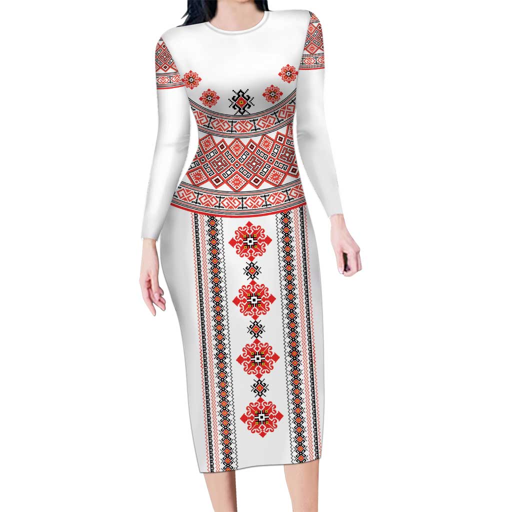 Bulgarian Embroidery Style Seamless Pattern Family Matching Long Sleeve Bodycon Dress and Hawaiian Shirt