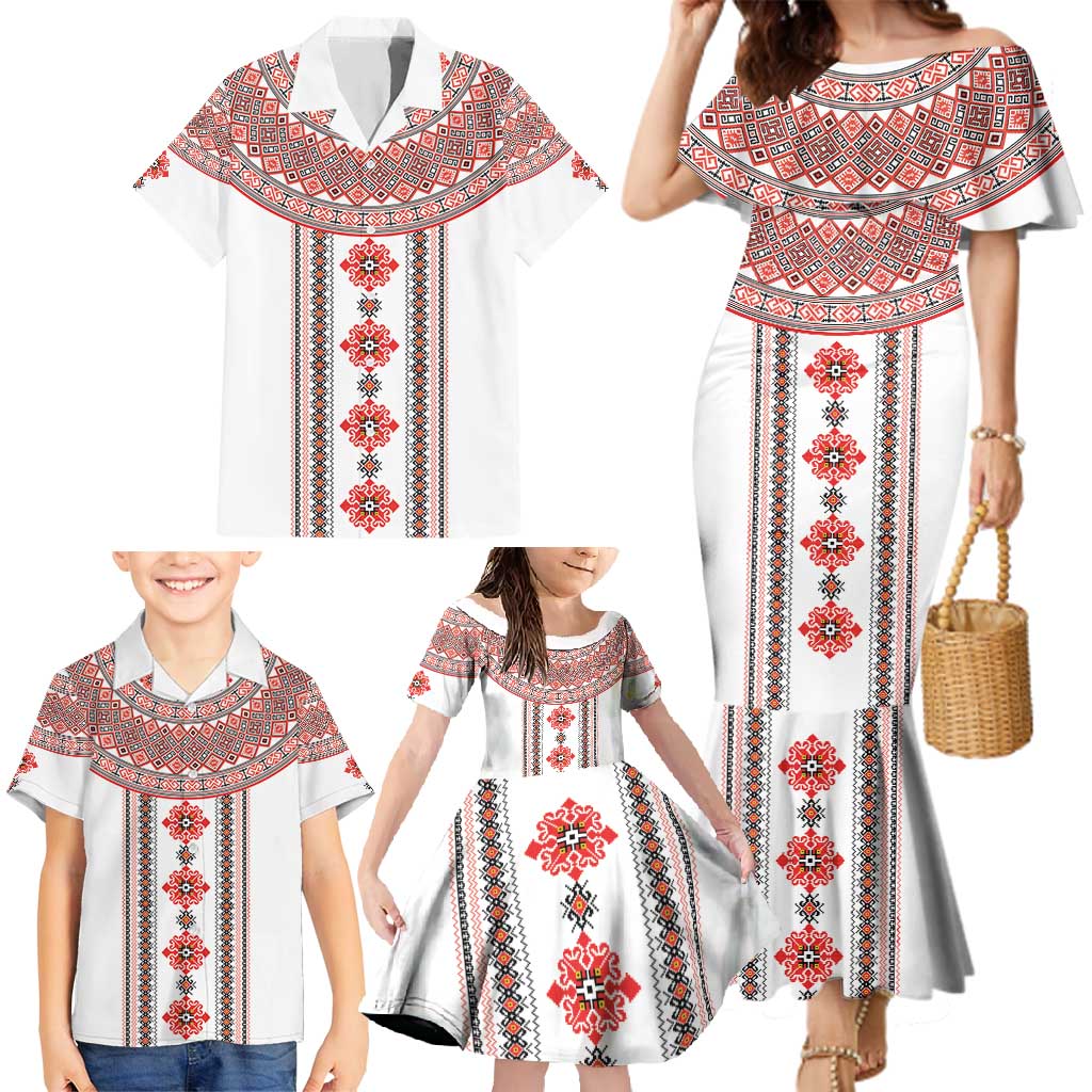 Bulgarian Embroidery Style Seamless Pattern Family Matching Mermaid Dress and Hawaiian Shirt