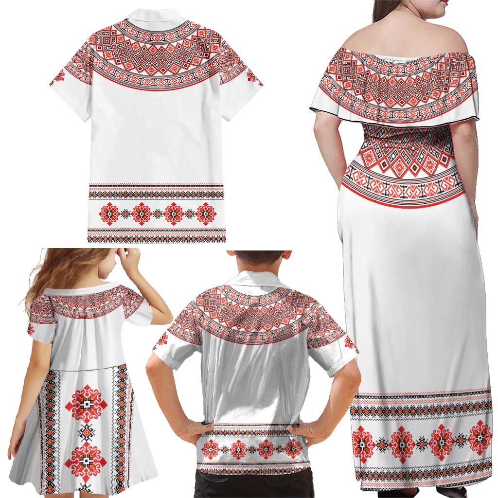Bulgarian Embroidery Style Seamless Pattern Family Matching Off Shoulder Maxi Dress and Hawaiian Shirt