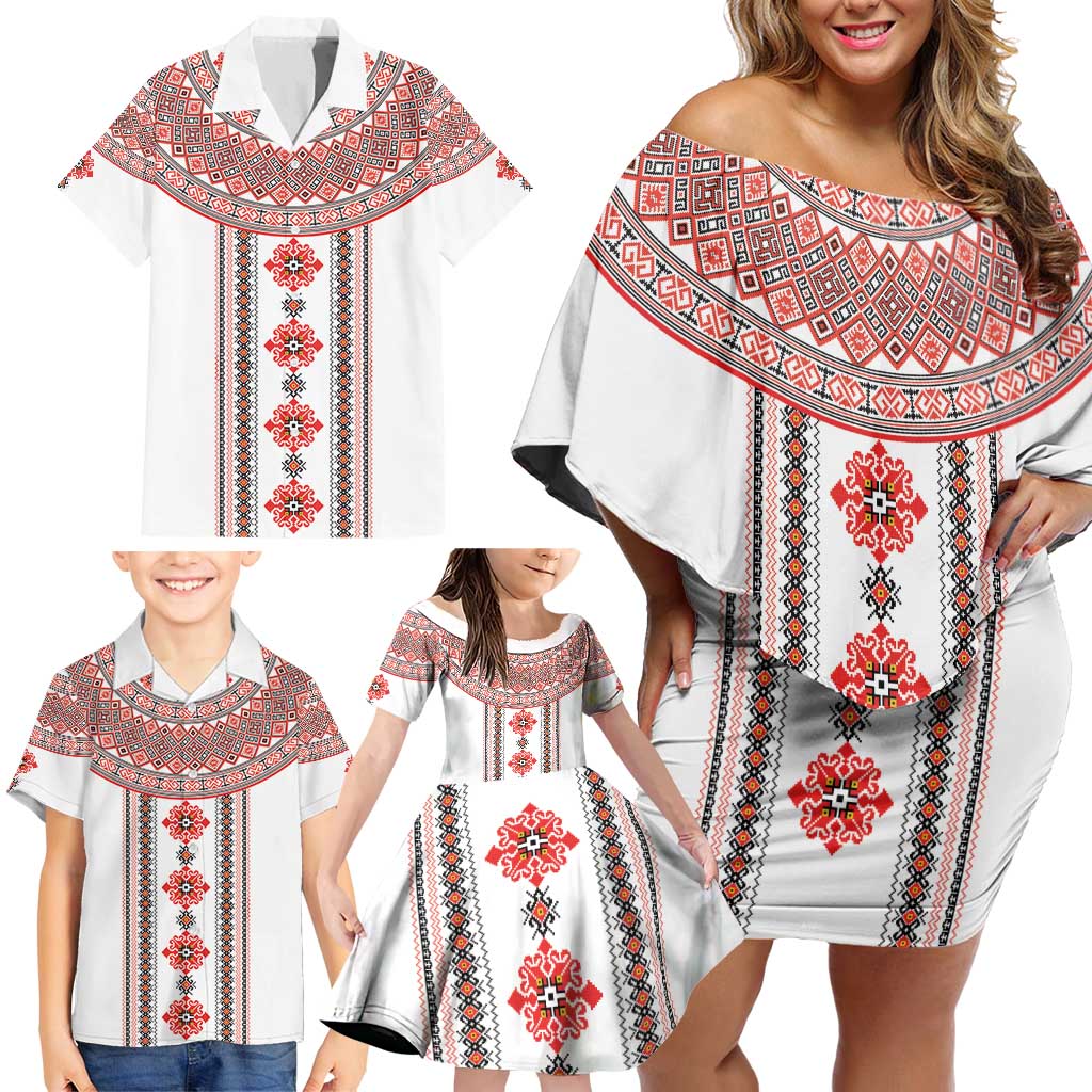 Bulgarian Embroidery Style Seamless Pattern Family Matching Off Shoulder Short Dress and Hawaiian Shirt