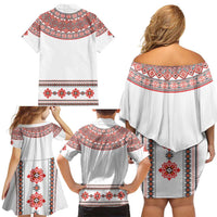 Bulgarian Embroidery Style Seamless Pattern Family Matching Off Shoulder Short Dress and Hawaiian Shirt