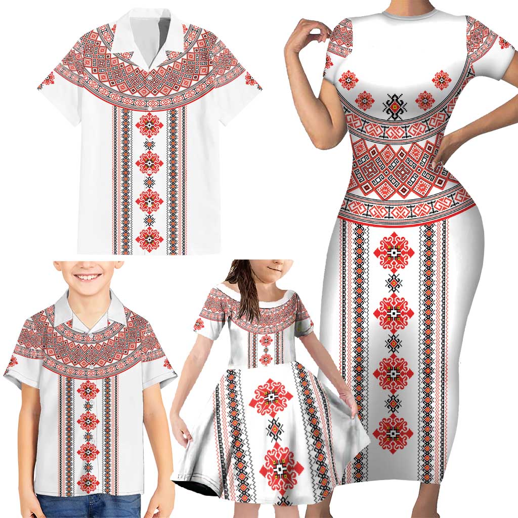 Bulgarian Embroidery Style Seamless Pattern Family Matching Short Sleeve Bodycon Dress and Hawaiian Shirt