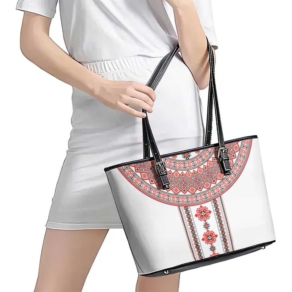 Bulgarian Embroidery Style Seamless Pattern Leather Tote Bag