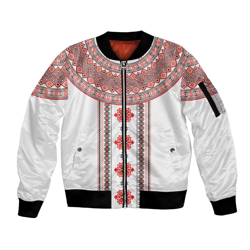 Bulgarian Embroidery Style Seamless Pattern Sleeve Zip Bomber Jacket