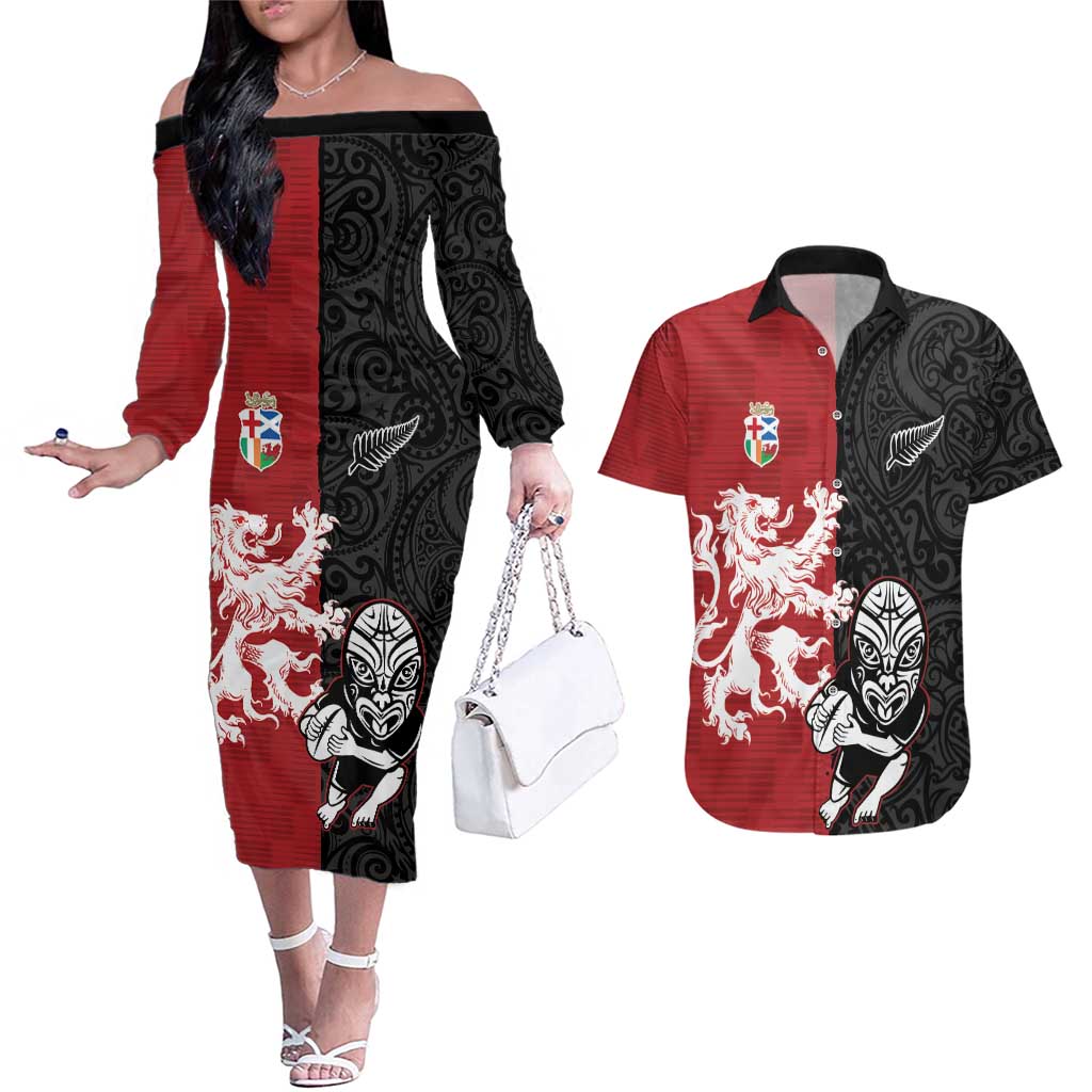 Custom British Lions New Zealand Couples Matching Off The Shoulder Long Sleeve Dress and Hawaiian Shirt Unique Style - Polynesian Pride
