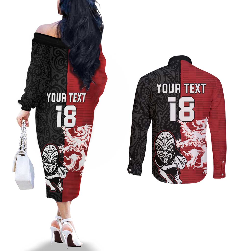 Custom British Lions New Zealand Couples Matching Off The Shoulder Long Sleeve Dress and Long Sleeve Button Shirt Unique Style - Polynesian Pride