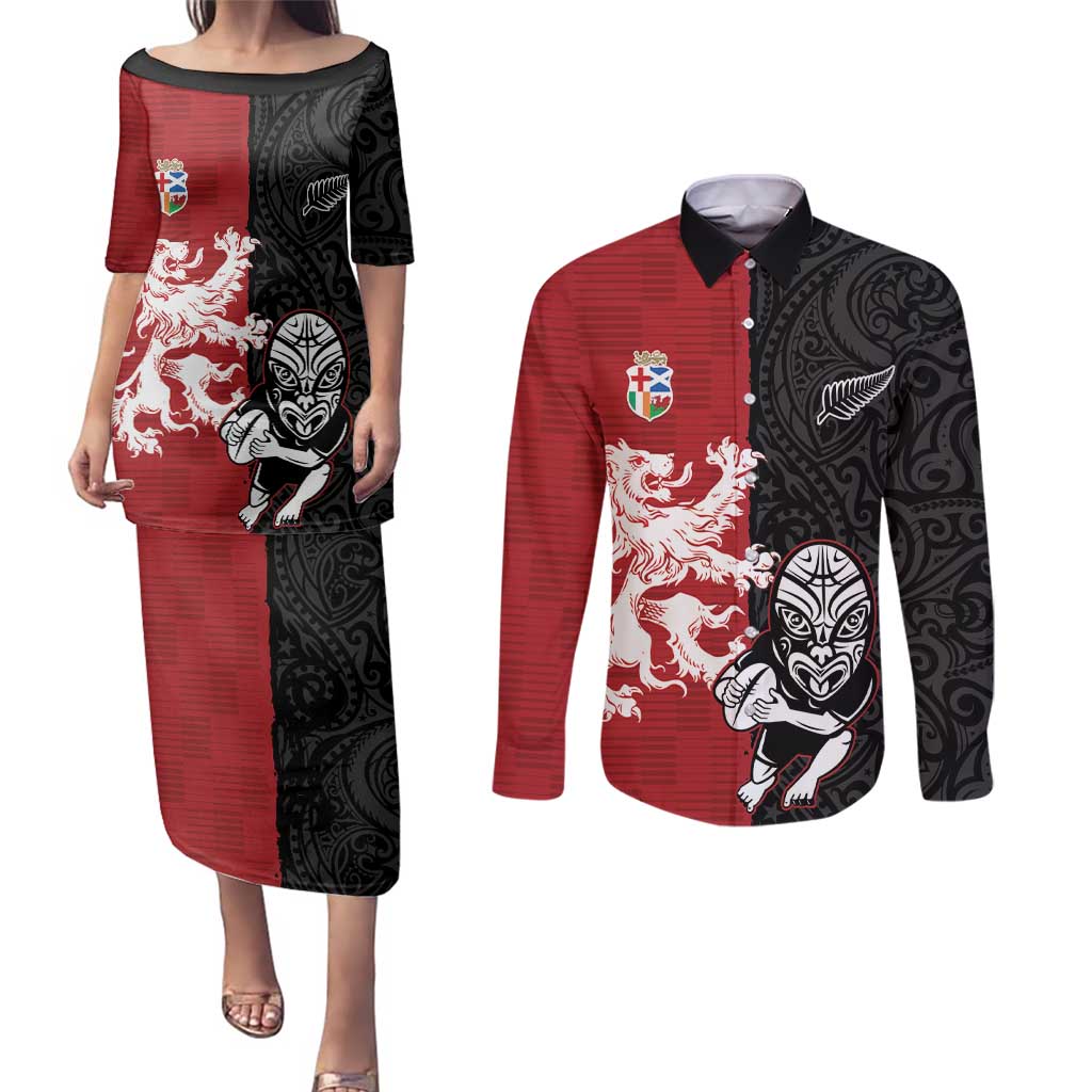 Custom British Lions New Zealand Couples Matching Puletasi and Long Sleeve Button Shirt Unique Style LT18 Red - Polynesian Pride