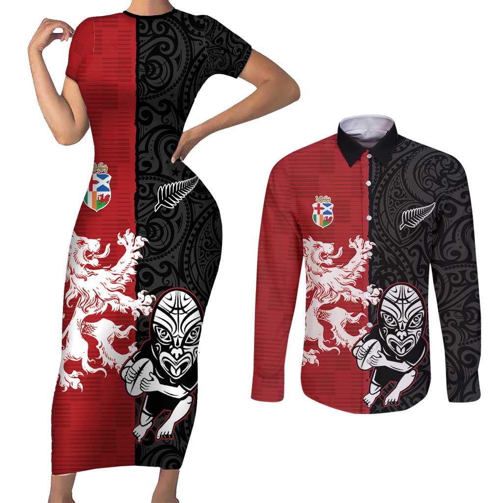 Custom British Lions New Zealand Couples Matching Short Sleeve Bodycon Dress and Long Sleeve Button Shirt Unique Style LT18 Red - Polynesian Pride