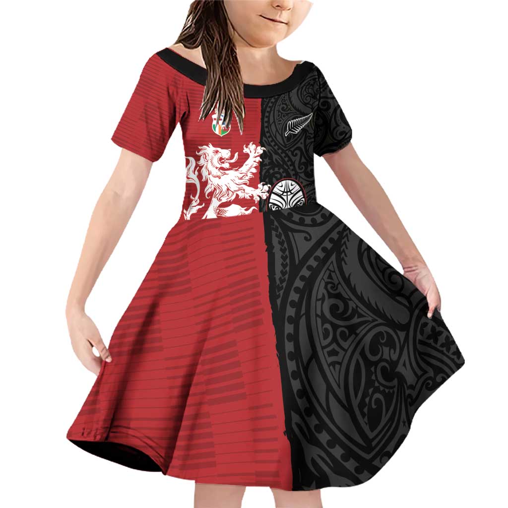 Custom British Lions New Zealand Family Matching Off Shoulder Short Dress and Hawaiian Shirt Unique Style LT18 Daughter's Dress Red - Polynesian Pride