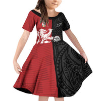 Custom British Lions New Zealand Family Matching Off Shoulder Short Dress and Hawaiian Shirt Unique Style LT18 Daughter's Dress Red - Polynesian Pride