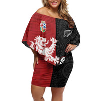 Custom British Lions New Zealand Family Matching Off Shoulder Short Dress and Hawaiian Shirt Unique Style LT18 Mom's Dress Red - Polynesian Pride