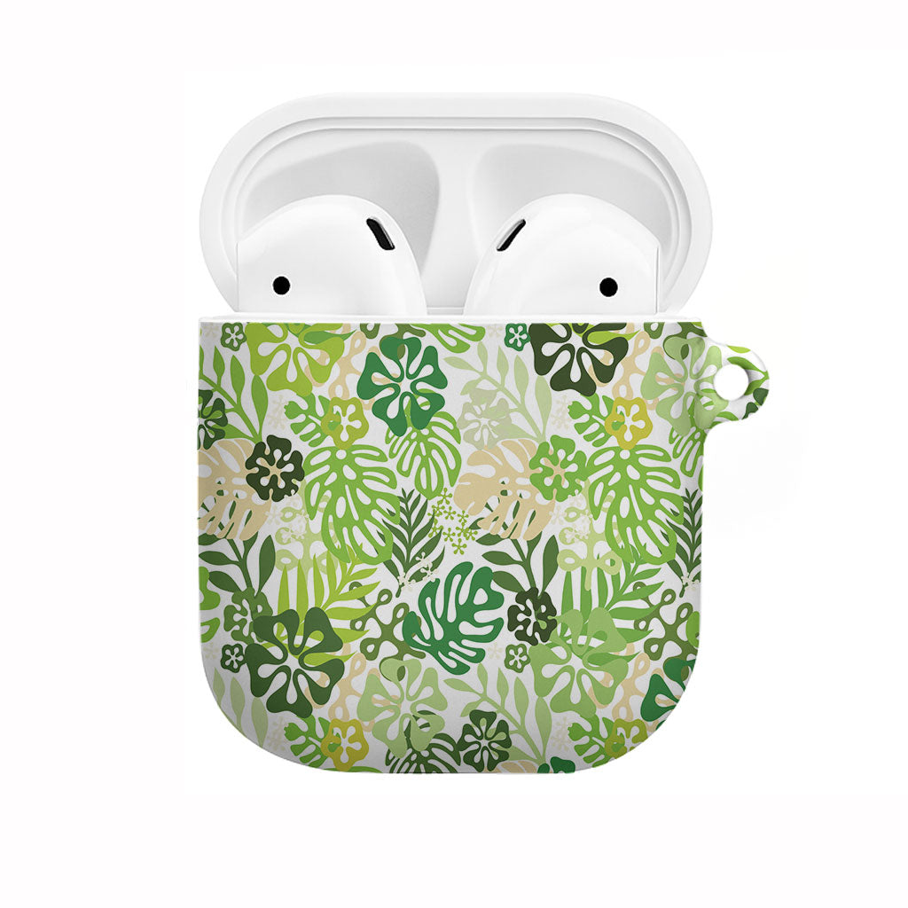 Green Aloha Hawaiian AirPods Case Monstera Hibiscus Tropical Pattern