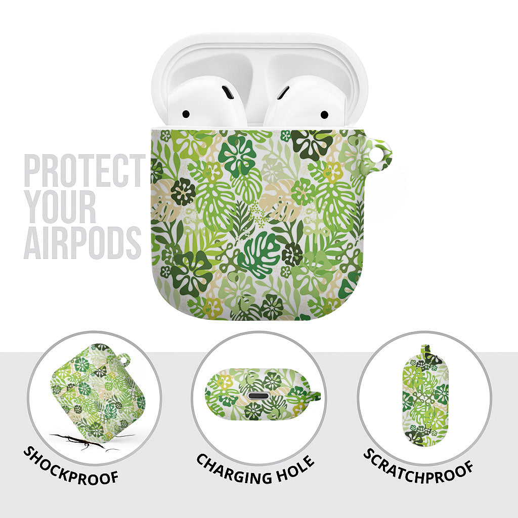Green Aloha Hawaiian AirPods Case Monstera Hibiscus Tropical Pattern