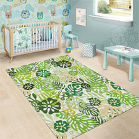 Green Aloha Hawaiian Area Rug Monstera Hibiscus Tropical Pattern