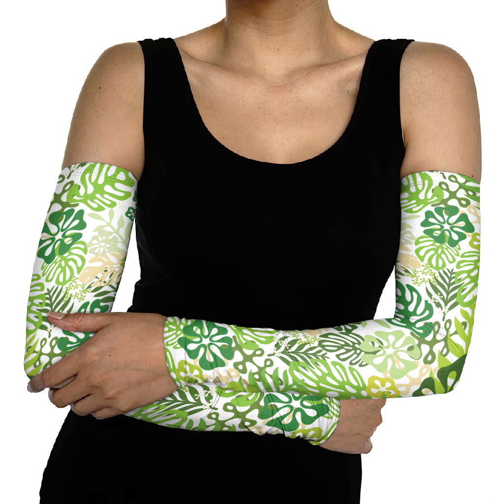 Green Aloha Hawaiian Arm Sleeves Monstera Hibiscus Tropical Pattern