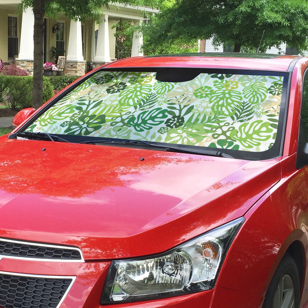 Green Aloha Hawaiian Auto Sun Shade Monstera Hibiscus Tropical Pattern LT19 - Polynesian Pride