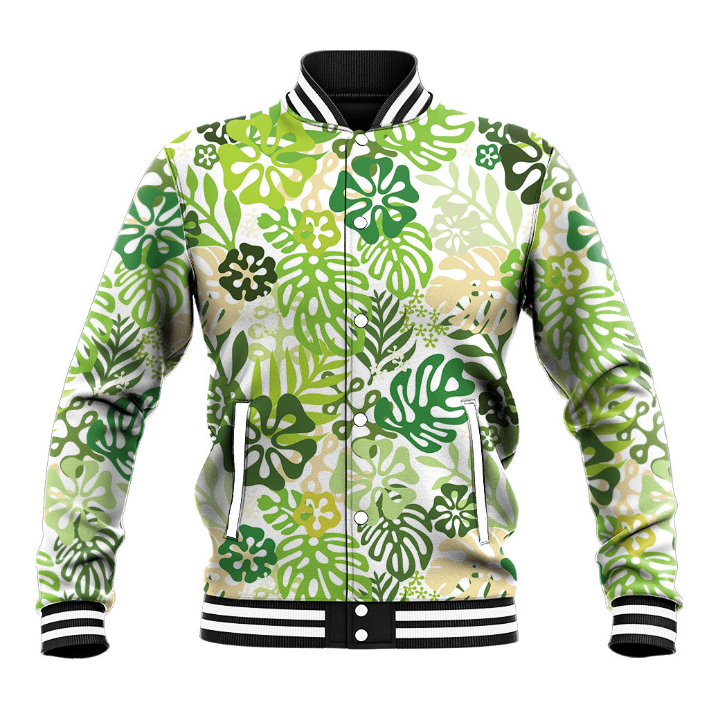 Green Aloha Hawaiian Baseball Jacket Monstera Hibiscus Tropical Pattern LT19 Unisex Green - Polynesian Pride