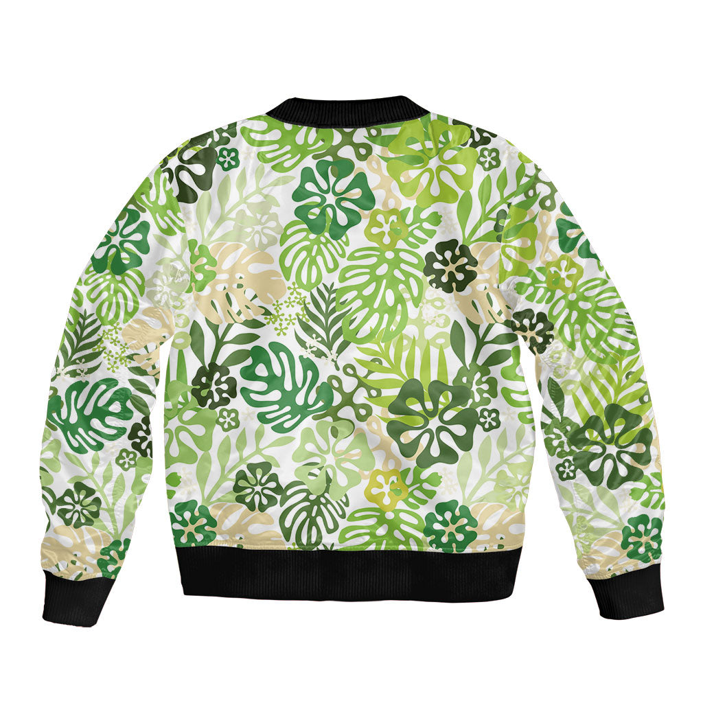 Green Aloha Hawaiian Bomber Jacket Monstera Hibiscus Tropical Pattern