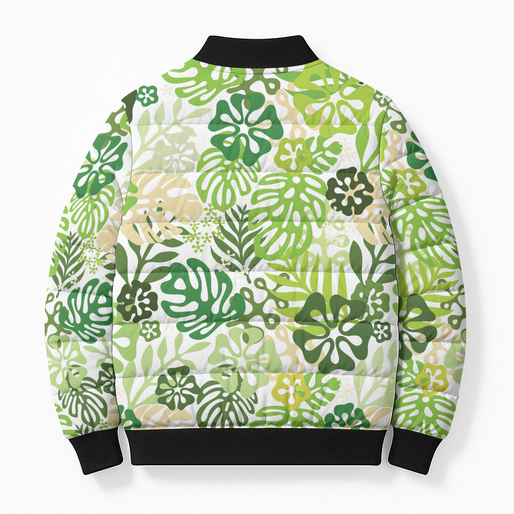Green Aloha Hawaiian Bomber Puffer Jacket Monstera Hibiscus Tropical Pattern LT19 - Polynesian Pride