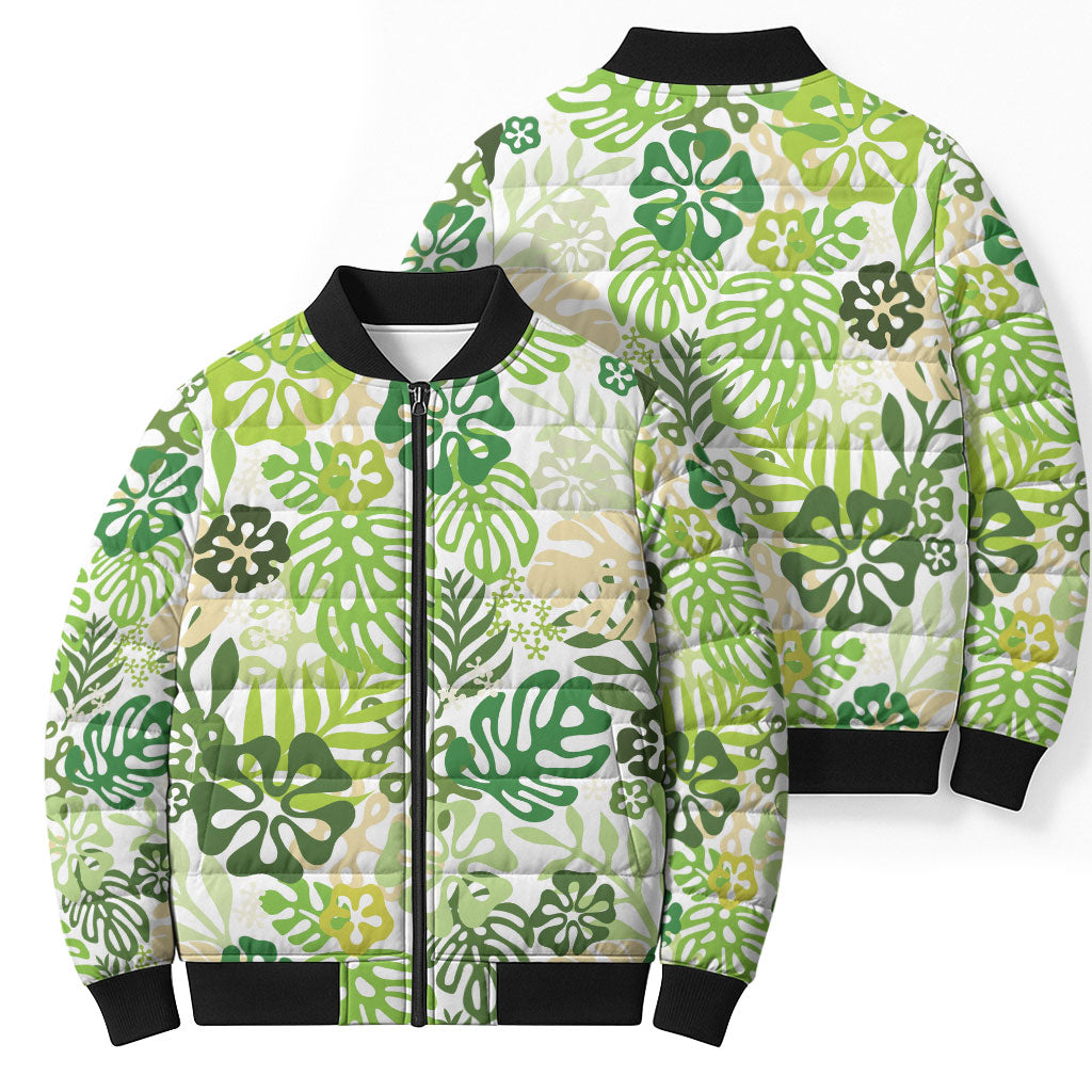Green Aloha Hawaiian Bomber Puffer Jacket Monstera Hibiscus Tropical Pattern LT19 - Polynesian Pride