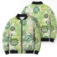 Green Aloha Hawaiian Bomber Puffer Jacket Monstera Hibiscus Tropical Pattern LT19 - Polynesian Pride