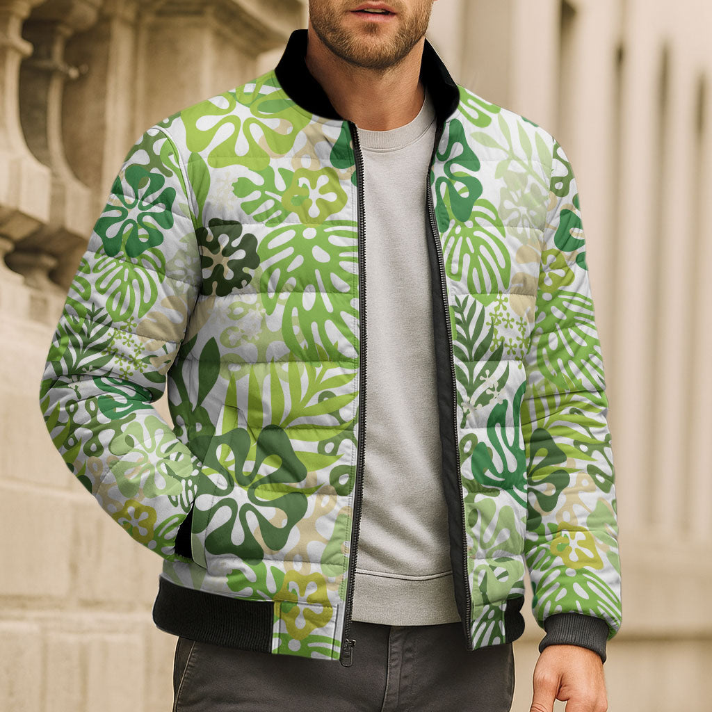 Green Aloha Hawaiian Bomber Puffer Jacket Monstera Hibiscus Tropical Pattern LT19 - Polynesian Pride