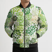 Green Aloha Hawaiian Bomber Puffer Jacket Monstera Hibiscus Tropical Pattern LT19 - Polynesian Pride