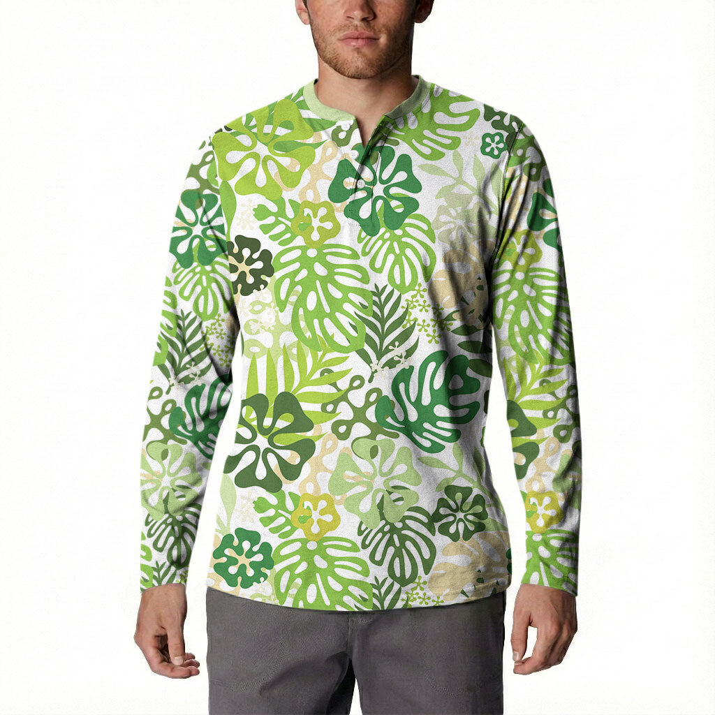 Green Aloha Hawaiian Button Sweatshirt Monstera Hibiscus Tropical Pattern LT19 - Polynesian Pride