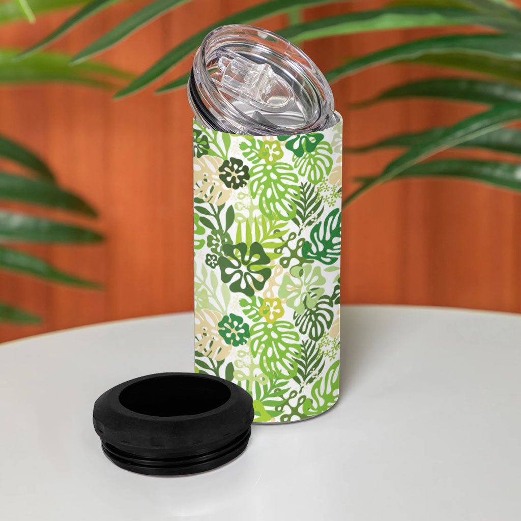 Green Aloha Hawaiian 4 in 1 Can Cooler Tumbler Monstera Hibiscus Tropical Pattern