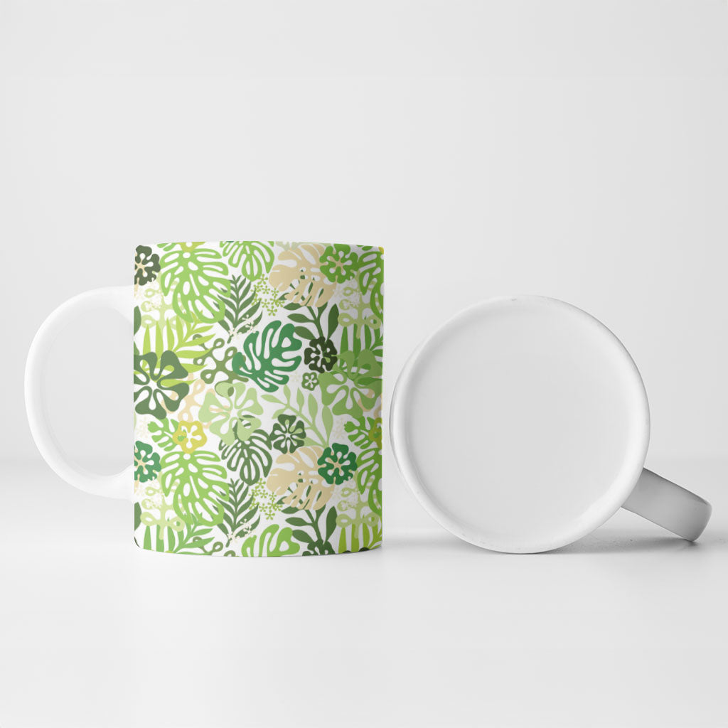 Green Aloha Hawaiian Ceramic Mug Monstera Hibiscus Tropical Pattern LT19 - Polynesian Pride