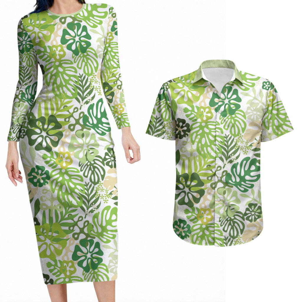 Green Aloha Hawaiian Couples Matching Long Sleeve Bodycon Dress and Hawaiian Shirt Monstera Hibiscus Tropical Pattern LT19 Green - Polynesian Pride