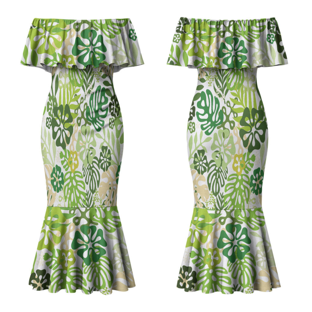 Green Aloha Hawaiian Couples Matching Mermaid Dress and Hawaiian Shirt Monstera Hibiscus Tropical Pattern
