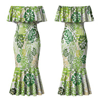 Green Aloha Hawaiian Couples Matching Mermaid Dress and Long Sleeve Button Shirt Monstera Hibiscus Tropical Pattern LT19 - Polynesian Pride