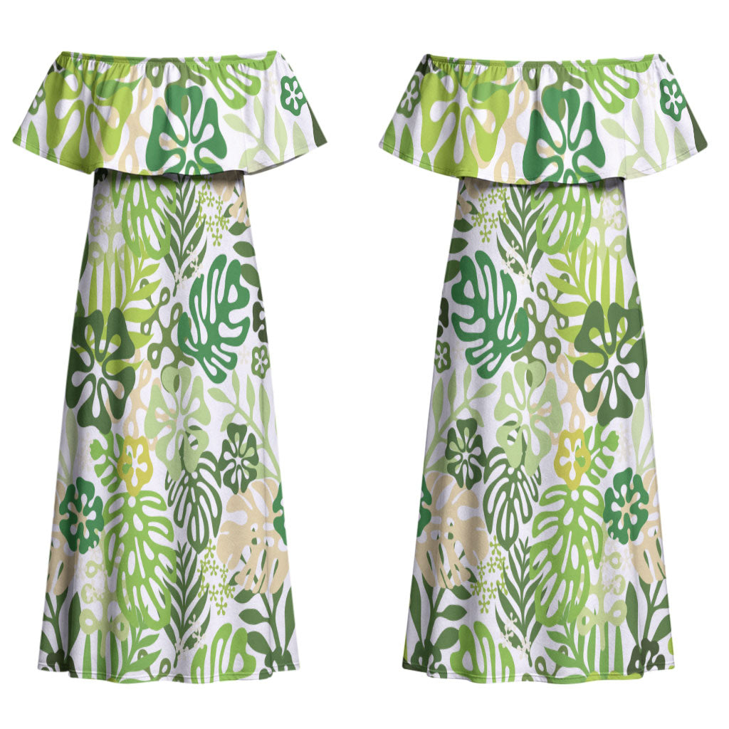 Green Aloha Hawaiian Couples Matching Off Shoulder Maxi Dress and Long Sleeve Button Shirt Monstera Hibiscus Tropical Pattern LT19 - Polynesian Pride