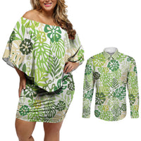 Green Aloha Hawaiian Couples Matching Off Shoulder Short Dress and Long Sleeve Button Shirt Monstera Hibiscus Tropical Pattern LT19 Green - Polynesian Pride