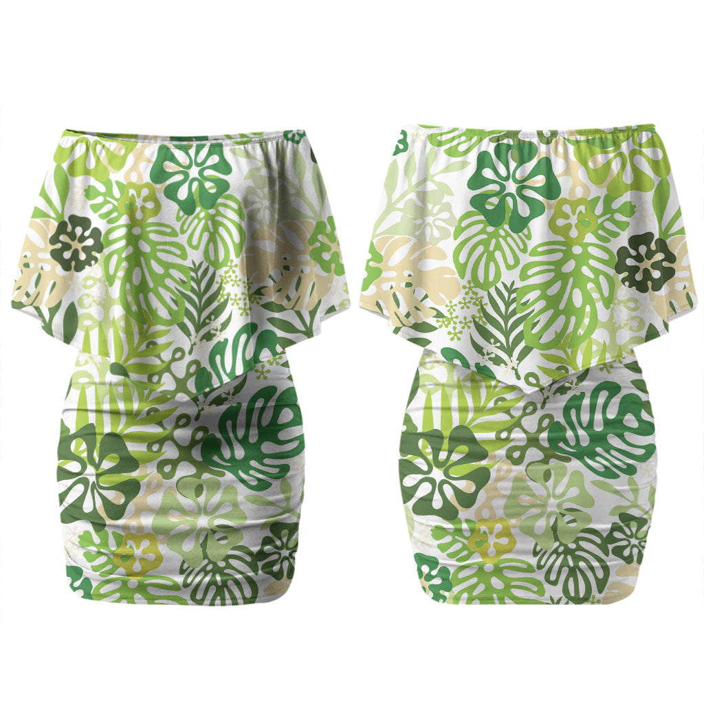 Green Aloha Hawaiian Couples Matching Off Shoulder Short Dress and Long Sleeve Button Shirt Monstera Hibiscus Tropical Pattern LT19 - Polynesian Pride