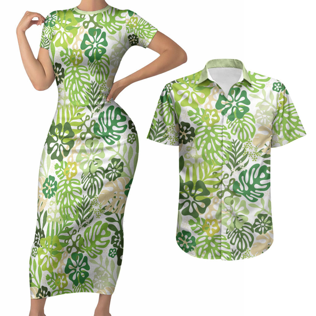 Green Aloha Hawaiian Couples Matching Short Sleeve Bodycon Dress and Hawaiian Shirt Monstera Hibiscus Tropical Pattern LT19 Green - Polynesian Pride