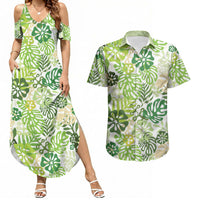 Green Aloha Hawaiian Couples Matching Summer Maxi Dress and Hawaiian Shirt Monstera Hibiscus Tropical Pattern LT19 Green - Polynesian Pride