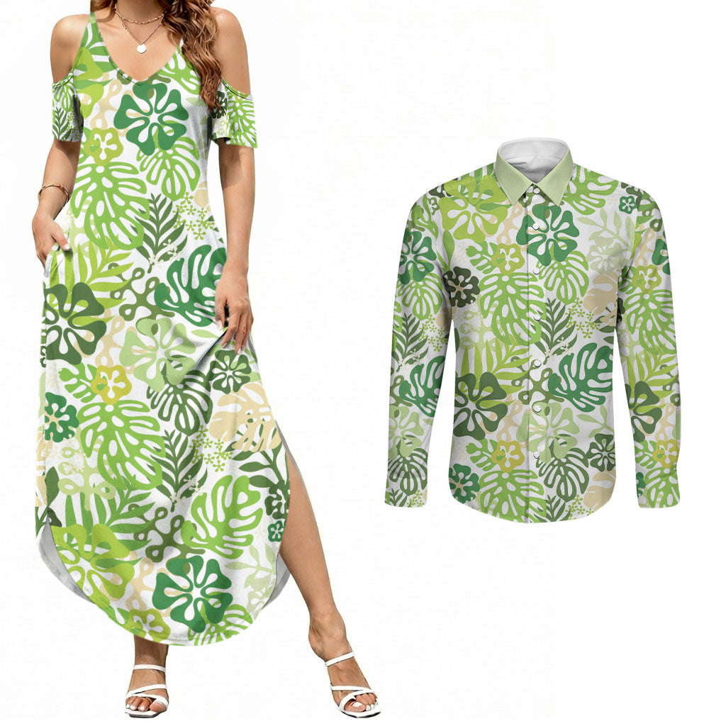 Green Aloha Hawaiian Couples Matching Summer Maxi Dress and Long Sleeve Button Shirt Monstera Hibiscus Tropical Pattern