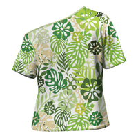 Green Aloha Hawaiian Cross Shoulder Shirt Monstera Hibiscus Tropical Pattern LT19 - Polynesian Pride