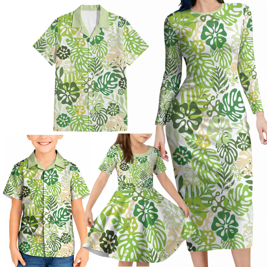 Green Aloha Hawaiian Family Matching Long Sleeve Bodycon Dress and Hawaiian Shirt Monstera Hibiscus Tropical Pattern