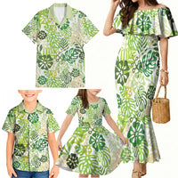 Green Aloha Hawaiian Family Matching Mermaid Dress and Hawaiian Shirt Monstera Hibiscus Tropical Pattern