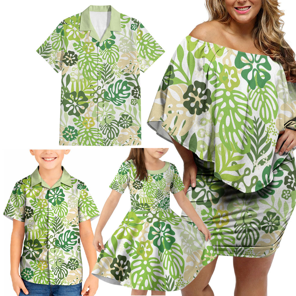 Green Aloha Hawaiian Family Matching Off Shoulder Short Dress and Hawaiian Shirt Monstera Hibiscus Tropical Pattern LT19 - Polynesian Pride