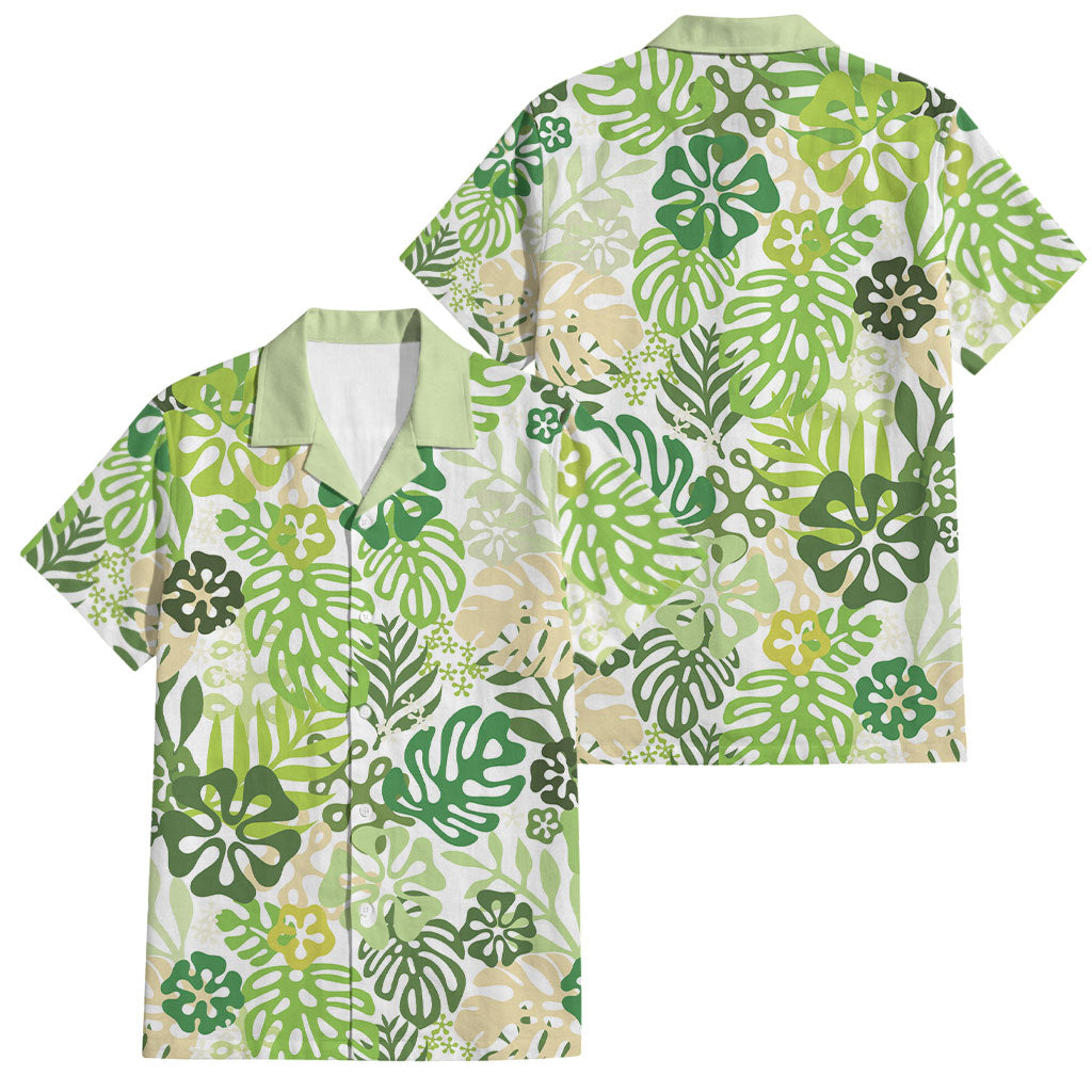 Green Aloha Hawaiian Family Matching Off Shoulder Short Dress and Hawaiian Shirt Monstera Hibiscus Tropical Pattern LT19 Dad's Shirt - Short Sleeve Green - Polynesian Pride