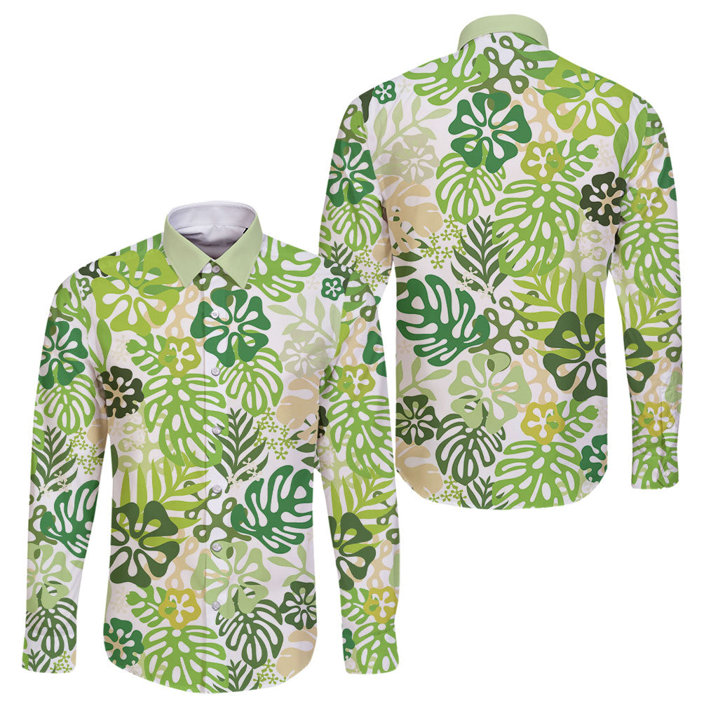Green Aloha Hawaiian Family Matching Off Shoulder Short Dress and Hawaiian Shirt Monstera Hibiscus Tropical Pattern LT19 Dad's Shirt - Long Sleeve Green - Polynesian Pride