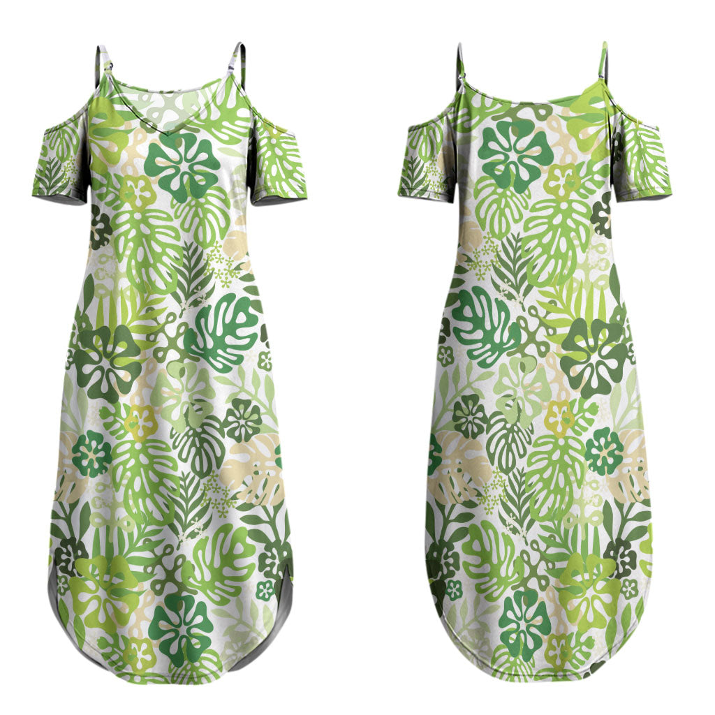 Green Aloha Hawaiian Family Matching Summer Maxi Dress and Hawaiian Shirt Monstera Hibiscus Tropical Pattern LT19 Mom's Dress Green - Polynesian Pride