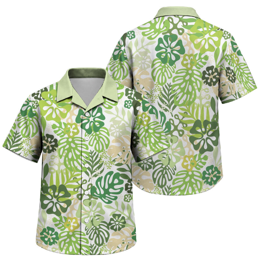 Green Aloha Hawaiian Family Matching Tank Maxi Dress and Hawaiian Shirt Monstera Hibiscus Tropical Pattern LT19 Son's Shirt Green - Polynesian Pride