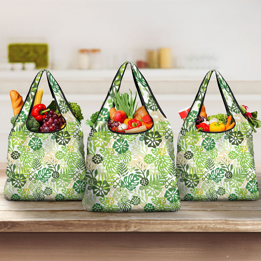 Green Aloha Hawaiian Grocery Bag Monstera Hibiscus Tropical Pattern LT19 3-pack One Size Green - Polynesian Pride