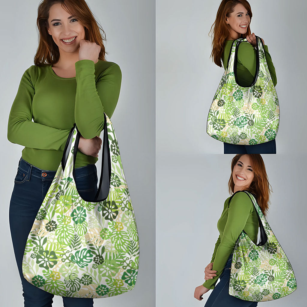 Green Aloha Hawaiian Grocery Bag Monstera Hibiscus Tropical Pattern LT19 - Polynesian Pride
