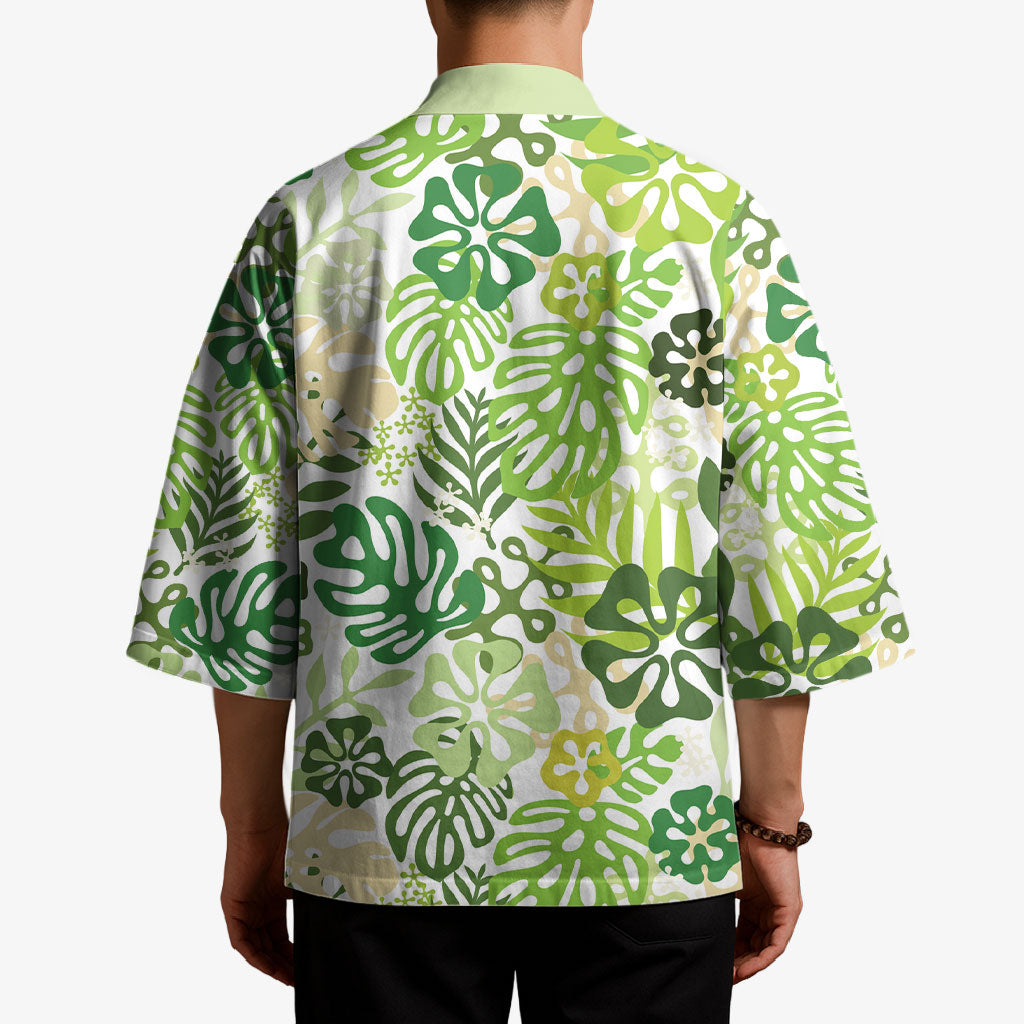 Green Aloha Hawaiian Kimono Monstera Hibiscus Tropical Pattern LT19 - Polynesian Pride